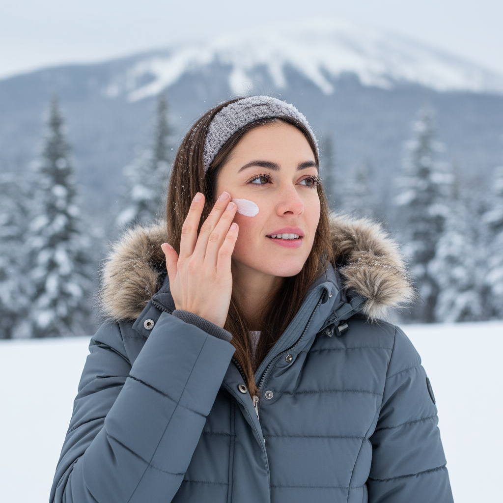 A woman applying Winter Skincare while in the snow.