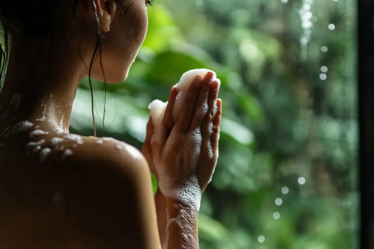young woman oung woman applying a small soap on her shoulders