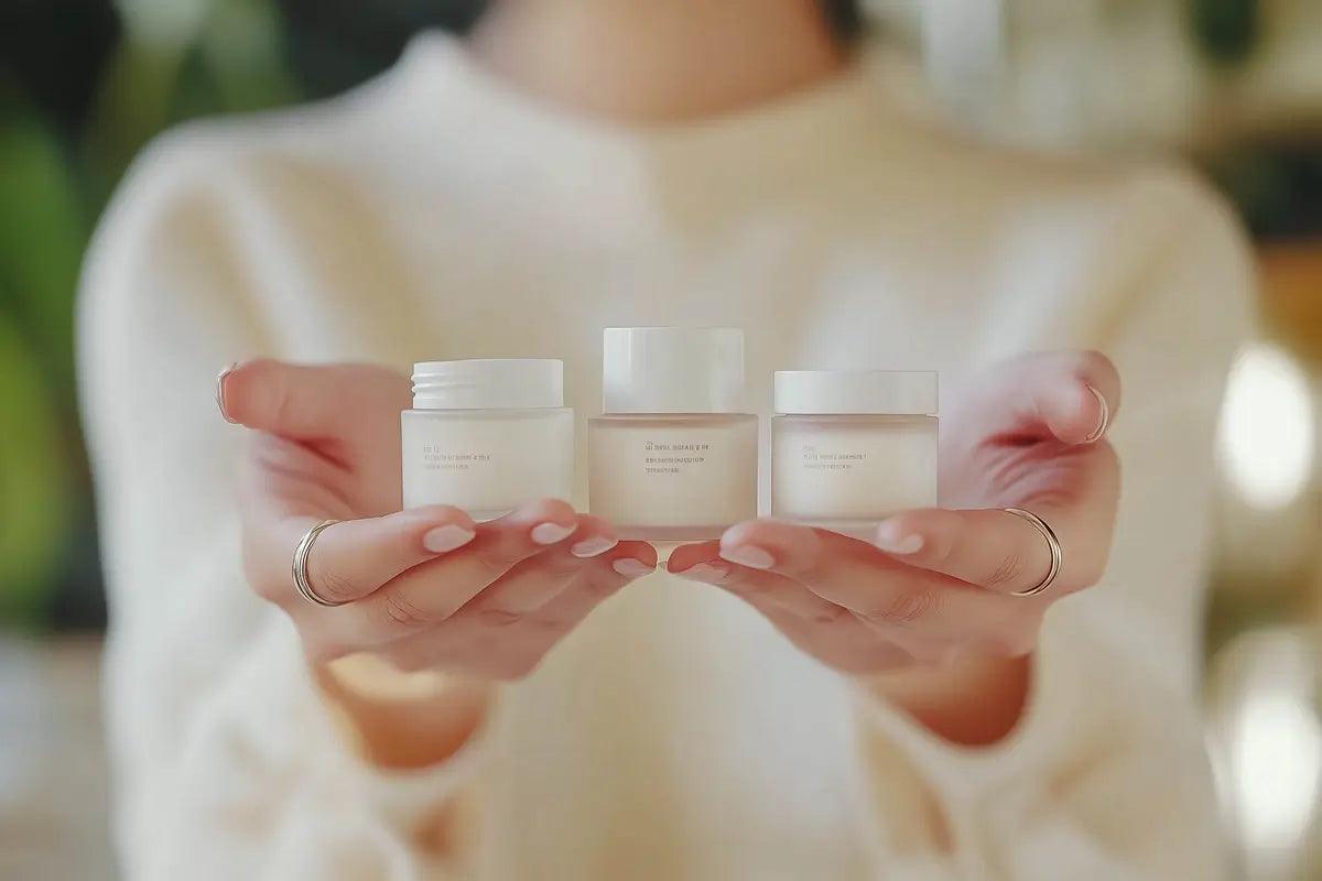 Woman holds korean skincare cosmetics